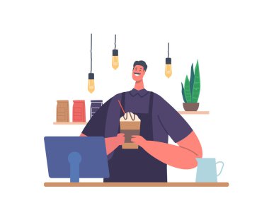 Kahve İçme Konsepti. Barista 'nın elinde önlük giymiş taze demlenmiş içecek. Barmen Hold Lezzetli Cappuccino, Espresso, Americano kasiyer masasında. Çizgi film İnsanları Vektör İllüstrasyonu