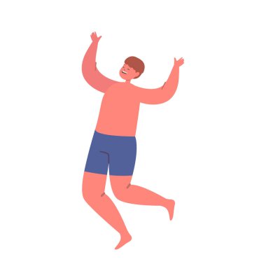 Mutluluk, çocukluk ve özgürlük kavramı. Havada zıplayan mutlu çocuk. Çocuk, yaz tatilleri için seviniyor ya da beyaz arka planda izole edilmiş bir tatil. Hareket, Gençlik. Çizgi film İnsanları Vektör İllüstrasyonu
