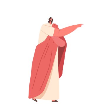 İsa Mesih, işaret eden kolla ayakta duruyor, el kol, otoriteyi, rehberliği ve yönü temsil ediyor. Gücün ve etkinin sembolü, takipçilerine kurtuluşa giden yolu gösteriyor. Çizgi film Vektör İllüstrasyonu