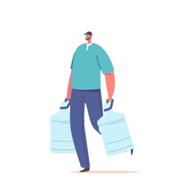 Su Teslimatçısı İşçi Erkek Karakteri Üniformalı Ev veya Ofis Soğutucusu İçin Temiz Su İçen Plastik Şişe. Çizgi film İnsanları Vektör İllüstrasyonu