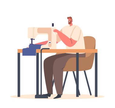 Tailor Male Character Sewing On Machine. Measuring Fabric, Cutting Pattern, Guiding Fabric Under Needle. Stitching, Hemming, And Finishing Garments in Atelier. Cartoon People Vector Illustration clipart