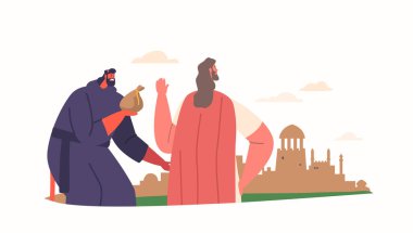 İsa 'nın İncildeki karakteri paranın cazibesine karşı koydu, amacına sadık kaldı ve Tanrı' nın mesajını ve sevgisini dünyaya yayma görevini yerine getirdi. Çizgi film İnsanları Vektör İllüstrasyonu