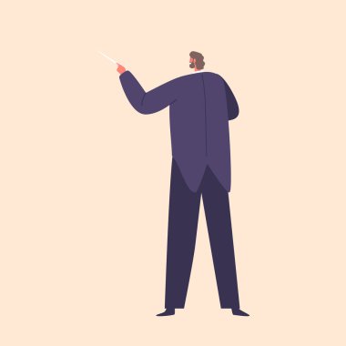 Şık Orkestra Şefi Erkek Karakteri Senfoniye tutkuyla önderlik ediyor, Hassas Hareketlerle Dikkat Ediyor, Karışık Melodiler Arasında Müzisyenlere Rehber Oluyor. Çizgi film İnsanları Vektör İllüstrasyonu