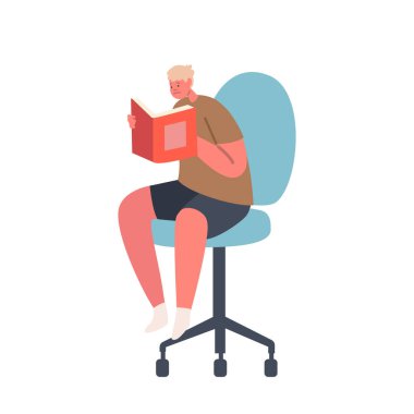 Edebi materyallere dalmış, özenle kelimelere ve fikirlere dalmış, hikayenin içinde kaybolmuş, yalnız bir genç erkek karakter. Çizgi film İnsanları Vektör İllüstrasyonu