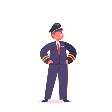 Küçük Çocuk, Beyaz Arka plan 'da izole edilmiş Pilot kostümü giyer. Ergenlik Öncesi Bebek Karakteri Geleceği Seçme Mesleği, Okul Performansında Rol Oynama, Rüya, Hayal gücü. Çizgi film İnsanları Vektör İllüstrasyonu