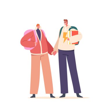 Genç Öğrenciler Aşık Erkek ve Kadın Karakterler, Elleri birbirine dolanmış, mutluluk ve şefkat saçıyor. Gençlik romantizminin ve bağlantının sembolü. Çizgi film İnsanları Vektör İllüstrasyonu