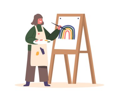 Easel 'de Boyalı Gökkuşağı Boyayan Küçük Kız. Sanatçı Stüdyosunda ya da Sanat Okulu atölyesinde resim çizen çocuk karakter boyası ve tuvale fırça ile resim çiziyor. Çizgi film İnsanları Vektör İllüstrasyonu