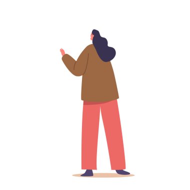 Beyaz arka planda sırtı dönük duran, gülümseyen ve el sallayan bir kadın. Kadın Karakteri Neşe ve Olumlu Yayıyor, Birilerini Selamlıyor. Çizgi film İnsanları Vektör İllüstrasyonu