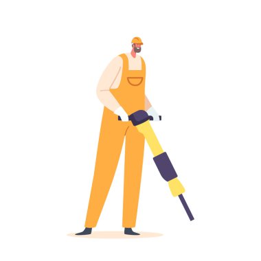 Matkap, delgi ve Kırık Kaya ile donatılmış bir madenci karakteri. Toz ve enkaz makineler çalışırken uçuyor. Koruyucu teçhizat güvenlik için giyilir. Çizgi film İnsanları Vektör İllüstrasyonu