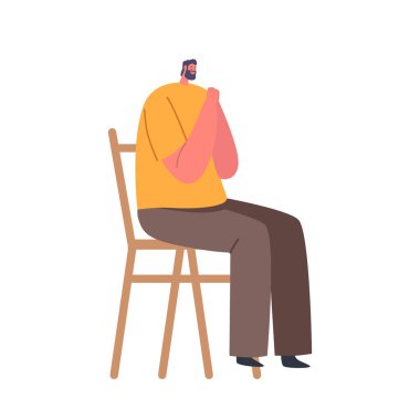 Sandalyede oturan erkek karakter, gözleri kapalı, elleri sımsıkı bağlı, derin dualar. Solace 'i arayan adam, rehberlik, inanç ve iç huzur beyaz arka planda izole edilmiş. Çizgi film İnsanları Vektör İllüstrasyonu