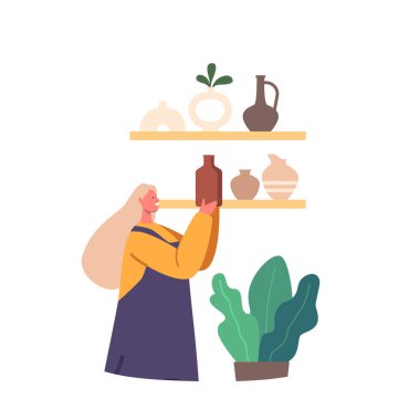 Woman Arranging Handmade Pottery On A Shelf, Showcasing Her Artistic Talent And Adding A Touch Of Craftsmanship To The Room. Artisan or Artist Female Character. Cartoon People Vector Illustration clipart