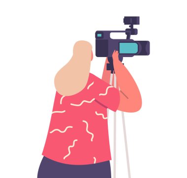 Profesyonel Video Kamera Arka Görünümü olan Gazeteci ya da Gazeteci Kadın Karakteri. Kadın Röportajı, Canlı Haberler, Ziyaret Basın Konferansı veya Brifing. Çizgi film İnsanları Vektör İllüstrasyonu