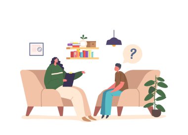 Psikologda erkek karakter. Terapist, çeşitli teknikleri kullanarak zihinsel veya davranışsal sağlık sorunlarını teşhis etmek ve tedavi etmek için çocukla iletişim kurar ve davranışlarını gözlemler. Çizgi film Vektör İllüstrasyonu