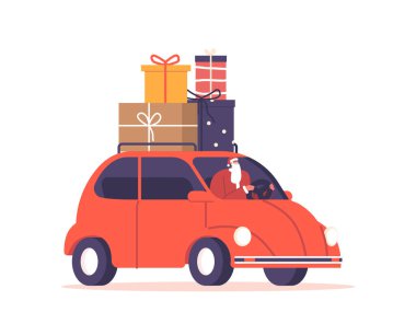 Noel Baba 'nın Noel hediyeli arabası beyaz arka planda izole edilmiş çatıda. Noel Xmas Tatil Şahsiyeti Çocuklara Hediyeler Veriyor. Çizgi film İnsanları Vektör İllüstrasyonu