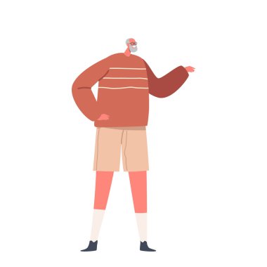 Sıcak bir gülümsemesi olan neşeli yaşlı erkek karakter. Yaşlı adamın mutluluk ve memnuniyet saçması, beyaz arka planda izole edilmiş yaşının güzelliğini ve bilgeliğini göstermesi. Çizgi film İnsanları Vektör İllüstrasyonu