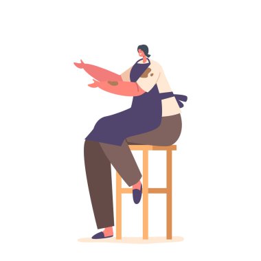 Potter ya da Heykeltraş Kadın Karakteri Clay Benekli Tabureye Oturur, Beyaz Arkaplanda İzole Edilmiş Eşsiz Çömlek veya Heykel Oluşturmaya Yoğunlaşır. Çizgi film İnsanları Vektör İllüstrasyonu