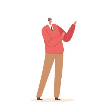 Vr Gözlük Giyen Karakter, Beyaz Arkaplanda İzole Edilen Geleceğin Yenilikçi Teknolojilerini Kullan. Eğlence ya da Gözlüklü Oyun Konsepti. Çizgi film İnsanları Vektör İllüstrasyonu