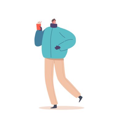 Kış Noel Soğuk Mevsim Konsepti için sıcak içecek. Sıcak çikolatalı Man Holding Kupası ya da beyaz arka planda izole edilmiş saman ve çikolata parçalı Cocoa Beverage. Çizgi film Vektör İllüstrasyonu