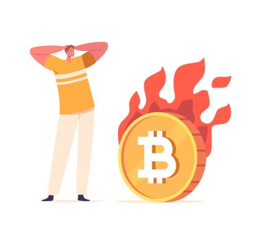 Stresli Adam Bitcoin Para Gibi Yanar Mali Kaygıları ve Değişken Kripto Para Piyasasında Potansiyel Kaybı Sembolize eder. Erkek Karakter Gözyaşı Saçı. Çizgi film İnsanları Vektör İllüstrasyonu