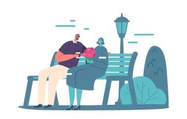 Vr Gözlüklü Genç Çift Şehir Parkı 'ndaki Bench' te oturuyor. Sanal gerçeklikteki Romantik İlişkiler, Metaverse 'deki Aşk. Kadın ve erkek siber uzayda birlikte vakit geçiriyorlar. Çizgi film Vektör İllüstrasyonu