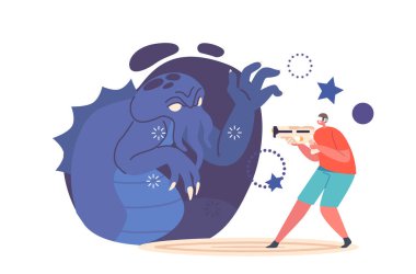 Sanal Gerçeklik Oyunları Konsepti, Geliştirilmiş Uzayda Oynayan VR Gözlüklü Genç. Genç Karakter, elinde silahla gözlük takıyor Siber Uzayda Canavarla Savaşıyor. Çizgi film İnsanları Vektör İllüstrasyonu