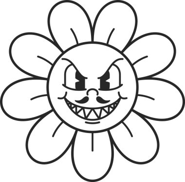 Şeytani siyah beyaz papatya gülümseyen yüz ifadesi.