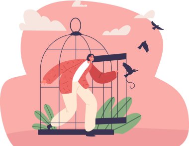 Kafesten kuşlarla ayrılan kadın