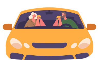 Arabada hamburger yiyen bir çift.