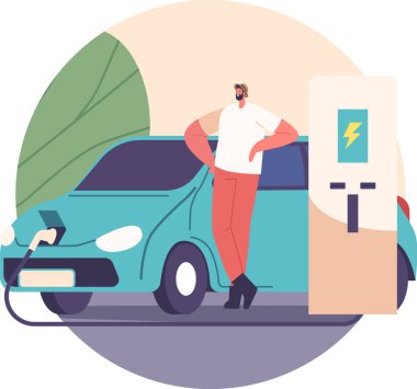 Adam elektrikli araba aküsünü şarj ediyor.