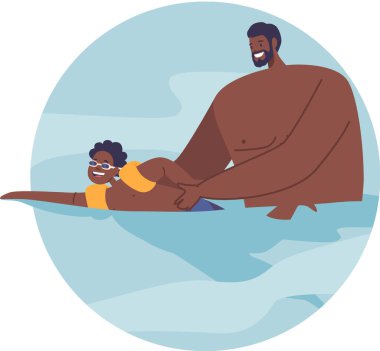 Baba oğluna yüzme eğitimi veriyor.