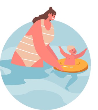 Anne ve bebek yüzüyor.