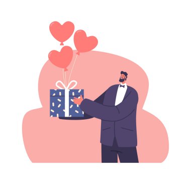 Şenlikli bir hediye taşıyan zarif bir adam.