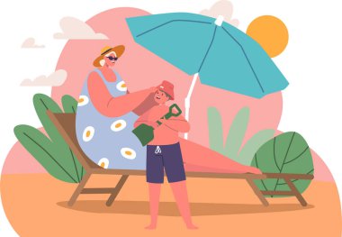 Anne ve oğul güneş banyosu yapıyor.