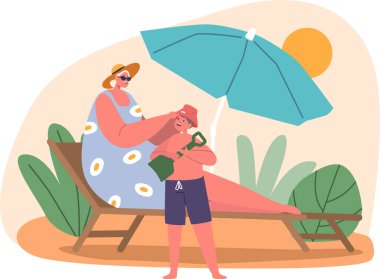 Aile güneşlenirken güneş şemsiyesi altında