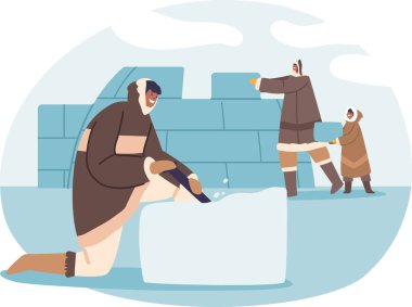 Eskimo ailesi igloo evi inşa ediyor.