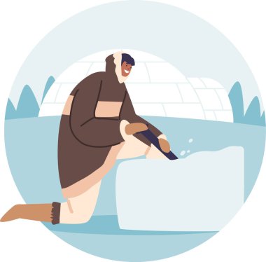 Eskimo adam igloo barınağı inşa ediyor.