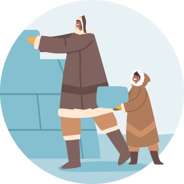 Anne ve çocuk igloo yapıyor.