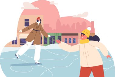 Anne kızı parkta buz pateni yapıyor.