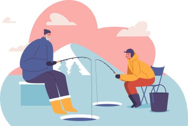 Büyükbaba torun kışın balık tutuyor.