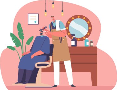 Berber erkek müşterinin saçını kesiyor.