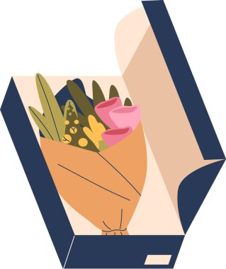 Çiçek buketi teslimat kutusunda.