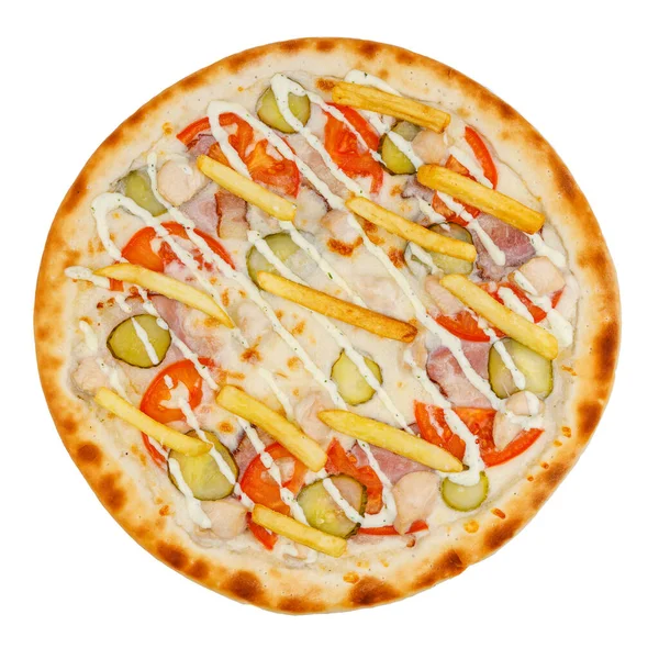 Çevrimiçi restoran menüsü için salatalık turşulu pizza ve patates kızartması.
