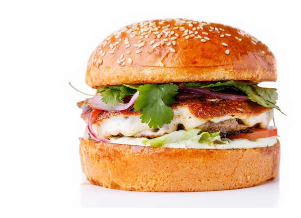 Shashlik burgeri, domuz soslu kişniş ve tereyağlı restoran menüsü 1 için beyaz arka plan.