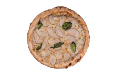 Çevrimiçi restoran menüsü için beyaz zemin üzerinde armut pizza