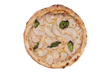 Çevrimiçi restoran menüleri için beyaz zemin üzerinde armut pizza