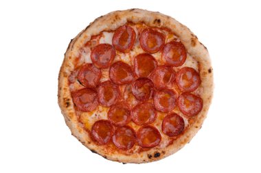 Çevrimiçi restoran menüsü 3 için beyaz zemin üzerinde pepperoni sosisli pizza.