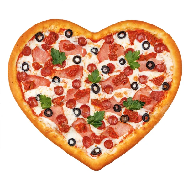 Heart Shaped Pizza Ham Hunting Sausages Black Olives Dried Tomato — Stock Photo, Image