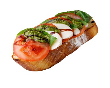 Online restoran menüsü için beyaz arkaplan üzerine bruschetta, üst görünüm