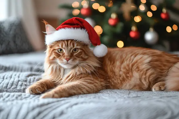 Noel Baba şapkalı sevimli bir turuncu kedi güzelce süslenmiş bir Noel ağacının yanında uzanıyor..