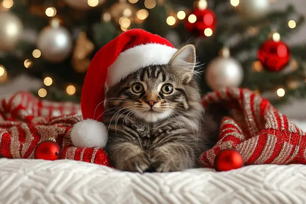 Neşeli bir kedi yavrusu Noel Baba şapkası takıyor, keyifli tatil süslemelerinin arasında rahat bir battaniyenin üzerinde dinleniyor..